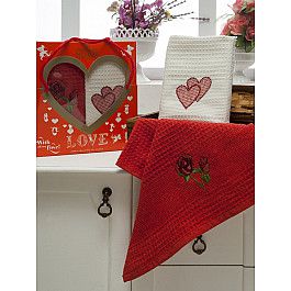 Наборы полотенец для кухни Meteor Комплект вафельных салфеток Meteor Сердца в коробке, красный, белый, 40*60 см - 2 шт