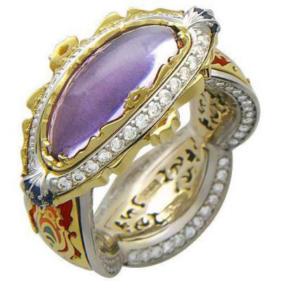 Кольцо с россыпью цветных и драгоценных камней из комбинированного золота 750 пробы