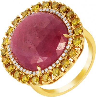 Кольцо с корундом и бриллиантами из жёлтого золота