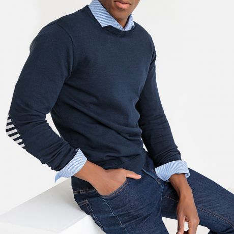 Пуловер с круглым вырезом и налокотниками контрастного цвета из тонкого трикотажа