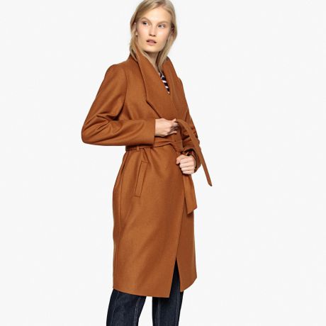Пальто в форме халата с поясом из полушерстяной ткани