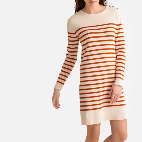Платье-пуловер в полоску в морском стиле с пуговицами на плече