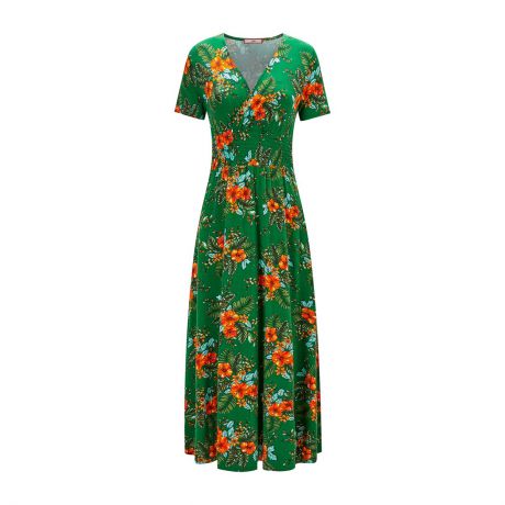 Платье расклешенное с цветочным рисунком и короткими рукавами