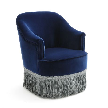 Кресло низкое и широкое в винтажном стиле из велюра с бахромой RAMONA