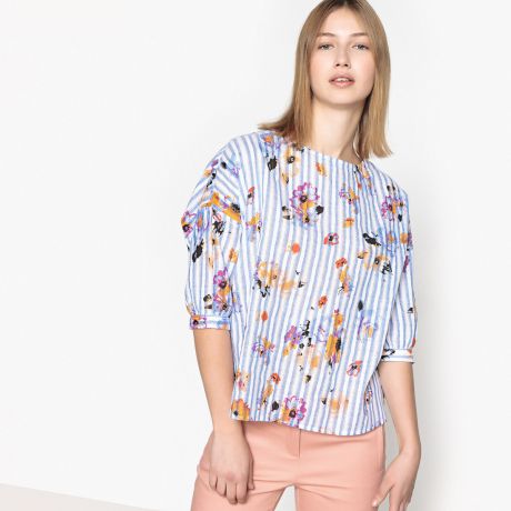 Блузка с круглым вырезом и цветочным рисунком и рисунком в полоску