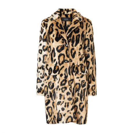 Пальто прямое с леопардовым рисунком из искусственного меха