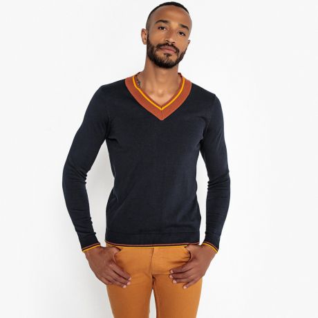 Пуловер с V-образным вырезом контрастного цвета