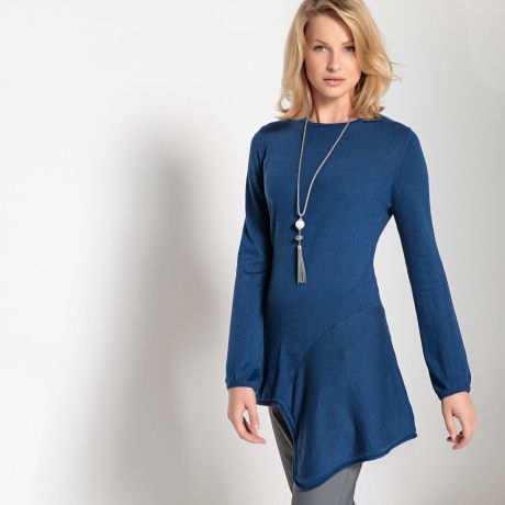 Пуловер-туника асимметричный из тонкого трикотажа с круглым вырезом