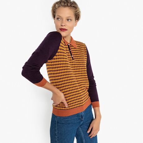 Пуловер с воротником-поло из жаккардового трикотажа