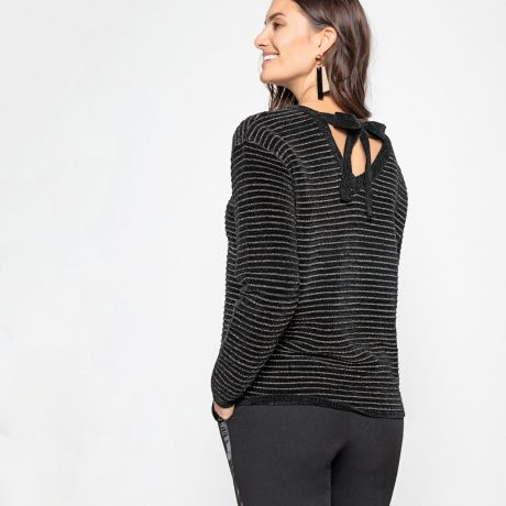 Пуловер в полоску из плотного трикотажа с бантиком сзади