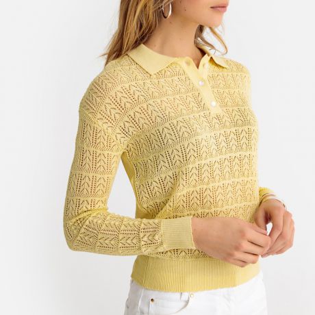 Пуловер с воротником-поло из тонкого ажурного трикотажа