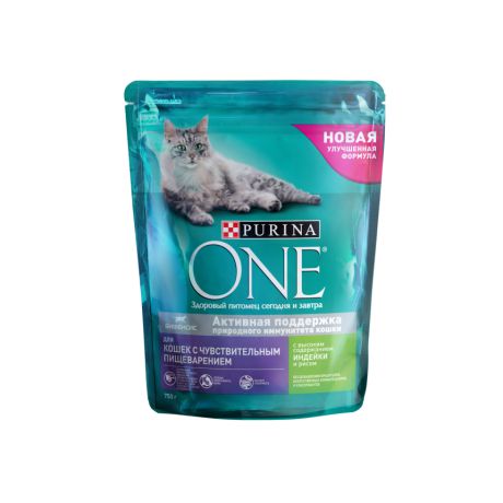 Сухой корм Purina One для кошек с чувствительным пищеварением с индейкой и рисом, пакет, 750 г 12353220