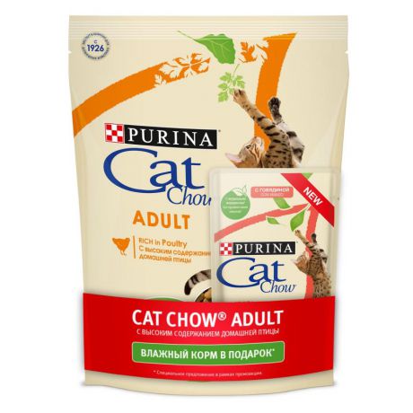 Сухой корм Purina Cat Chow для взрослых кошек с домашней птицей и индейкой 400 г + пауч 85 г 12402239