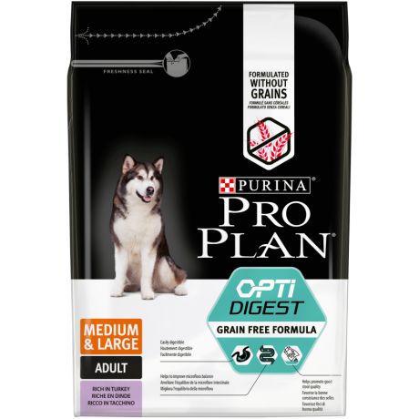 Сухой корм Purina Pro Plan Optidigest Grain Free Formula для взрослых собак средних и крупных пород с чувствительным пищеварением, с высоким содержанием индейки, пакет 2,5 кг 12384816