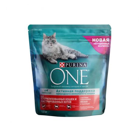 Сухой корм Purina ONE для стерилизованных кошек и котов с лососем и пшеницей, Пакет 1,5 кг 12397667