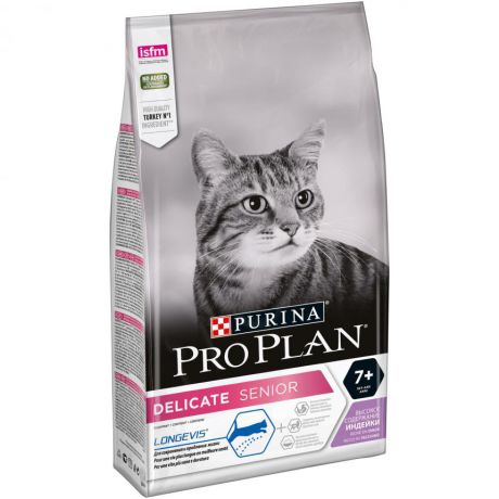 Сухой корм Purina Pro Plan Delicate Senior для взрослых кошек старше 7 лет с чувствительным пищеварением, с индейкой, пакет, 1.5 кг 12381724