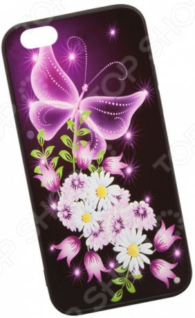 Чехол с защитным стеклом для iPhone 6/6S «Неоновая бабочка с цветами»