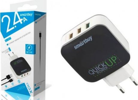 Сетевое зарядное устройство Smartbuy Blast SBP-110, Quick Charge 3.0 + кабель microUSB, 2.4А, черный