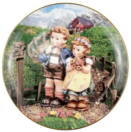 Декоративная тарелка Goebel "На перекрестке". Фарфор, деколь, золочение. Швейцария, вторая половина ХХ века