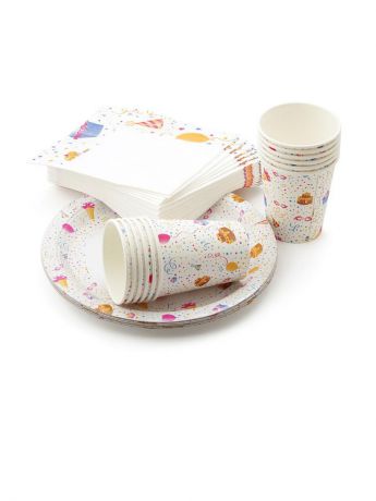 Набор одноразовой посуды Paclan Набор одноразовой бумажной посуды KIDS PARTY: 12 стаканов по 250 мл, 12 тарелок 23 см, салфетки 3 слоя, 33x33 см - 20 шт., разноцветный