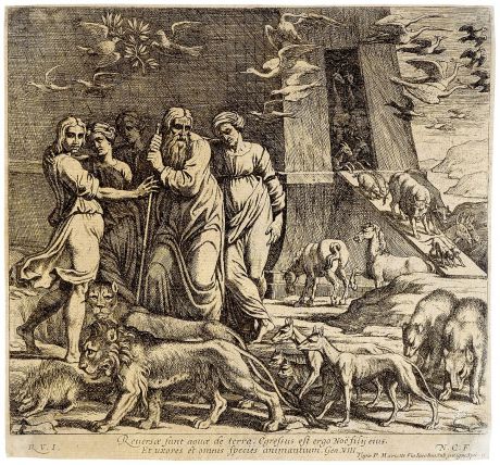 Гравюра Сошествие с Ноева ковчега. Франция 1640 год