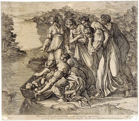 Гравюра Нахождение Моисея. Франция 1640 год