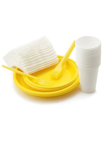 Набор одноразовой посуды Paclan Набор посуды для пикника SUNS SPRING на 12 персон (тарелка 205мм цветная - 12шт, тарелка 170мм цветная - 12шт, стакан 200мл - 12шт, вилка цветная - 12шт, салфетки 1-сл 24x24 - 50шт), желтый