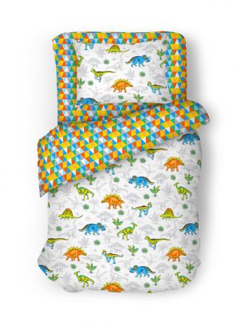 Комплект постельного белья Сказка "Динозавры" 1,5 сп на молнии, натяжная простыня 90х200 см, белый, синий
