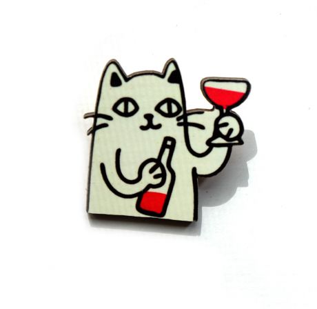Брошь - Кот с вином (белый) (Деревянный значок)
