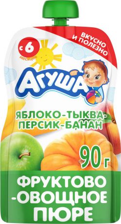 Пюре для детей Агуша Яблоко Тыква Персик Банан, фруктово-овощное, с 6 месяцев, 90 г