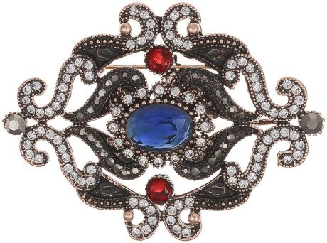 Брошь бижутерная Arrina "Франческа" в византийском стиле. Разноцветные кристаллы, прозрачные стразы, бижутерный сплав "старое золото"