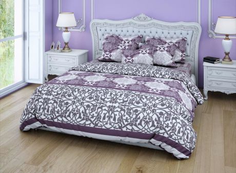 Комплект постельного белья Amore Mio Бязь Monogramme, 7096, фиолетовый, евро, наволочки 70x70