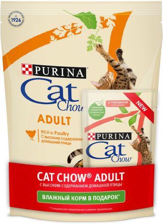 Корм сухой Cat Chow Adult, для кошек, с домашней птицей, 400 г + Корм консервированный Cat Chow для кошек, с говядиной, 85 г