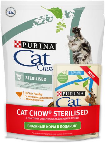 Корм сухой Cat Chow Sterilised, для стерилизованных кошек и кастрированных котов, с домашней птицей, 400 г + Корм консервированный Cat Chow для кошек, с лососем, 85 г