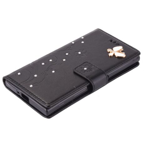 Sony Xperia Xz Бабочки и цветы Pattern Bling Diamond Pu кожаный чехол Кошелек с гнездами для карточек Крышка черный