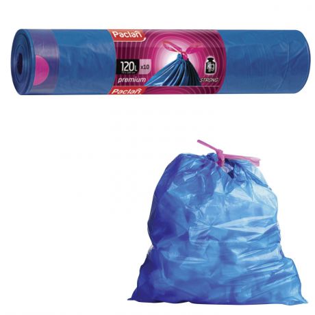 Мешки для мусора PACLAN 120 л, завязки, синие, в рулоне 10 шт., ПВД, 39 мкм, 74х96 см