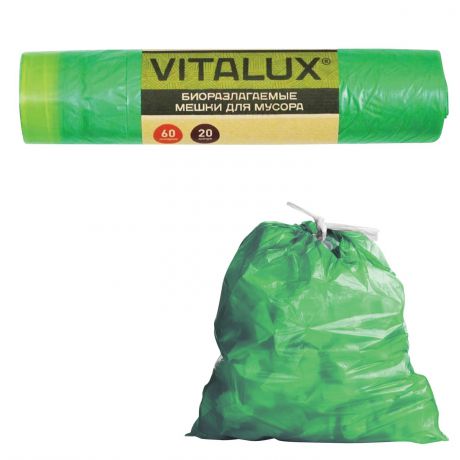 Мешки для мусора VITALUX 60 л, биоразлагаемые, завязки, зеленые, в рулоне 20 шт., ПНД, 14 мкм, 75х60 см