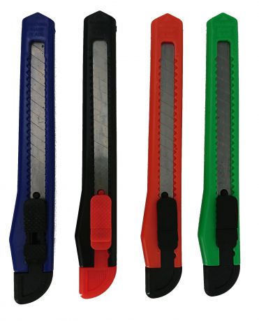 Нож канцелярский STAFF 9 мм, Цвет корпуса ассорти, Количество в упаковке: 4 шт.