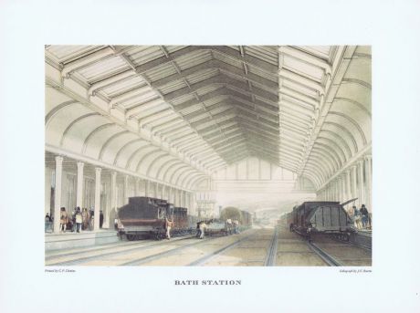 Гравюра Четтинс Железнодорожная станция в городе Бат. Англия. Офсетная литография. Англия, Лондон, 1965 год