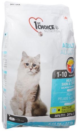 Корм сухой 1st Choice "Adult" для здоровья шерсти и кожи взрослых кошек, с лососем, 5,44 кг