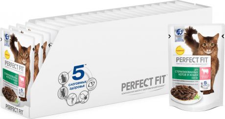 Консервы Perfect Fit "Sterile", для кастрированных котов и стерилизованных кошек, говядина в соусе, 85 г х 24 шт
