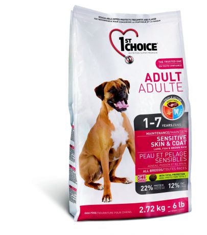 Корм сухой 1st Choice "Sensitive Skin & Coat" для взрослых собак с чувствительной кожей и шерстью, с ягненком, рыбой и рисом, 7 кг