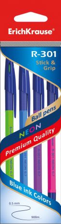 Ручка шариковая ErichKrause R-301 Neon Stick&Grip 0,7, цвет чернил синий, 4 шт