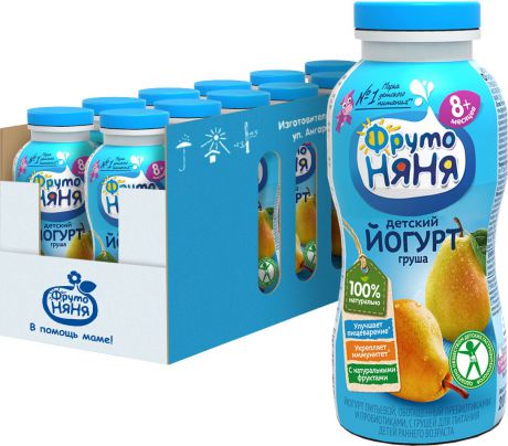 Йогурт питьевой ФрутоНяня, обогащенный пребиотиками и пробиотиками, с грушей, 2,5%, 12 шт по 200 г