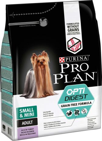 Корм сухой Pro Plan Optidigest Grain Free Formula, для собак мелких и карликовых пород, с чувствительным пищеварением, с высоким содержанием индейки, 2,5 кг