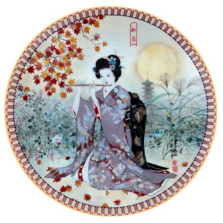 Декоративная тарелка Ketsuzan-Kiln "Гейша с флейтой", декоративная тарелка. Фарфор, деколь. Япония, 1990 год