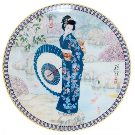 Декоративная тарелка Ketsuzan-Kiln "Гейша с зонтиком", декоративная тарелка. Фарфор, деколь. Япония, 1990 год