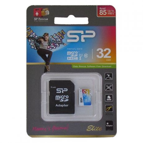 Карта памяти SP Elite microSDHC Class 10 UHS-I U1 SP032GBSTHBU1V10SP 32GB , адаптер SD, цвет: черный