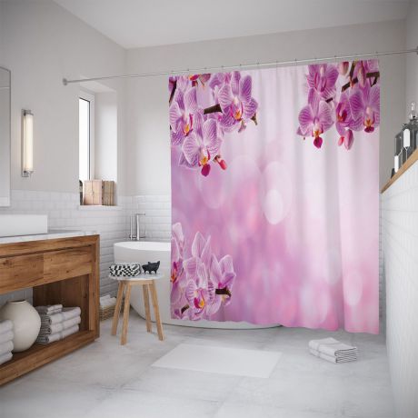 Штора (занавеска) для ванной "Облачные орхидеи" из ткани, 180х200 см с крючками