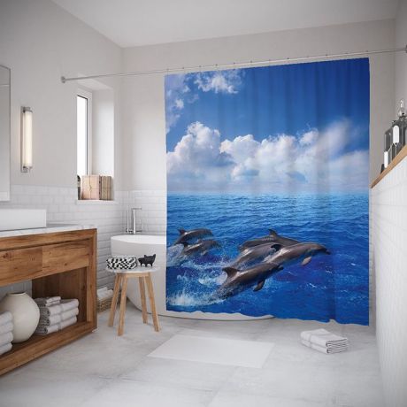Штора (занавеска) для ванной "Прыгающие дельфины" из ткани, 180х200 см с крючками